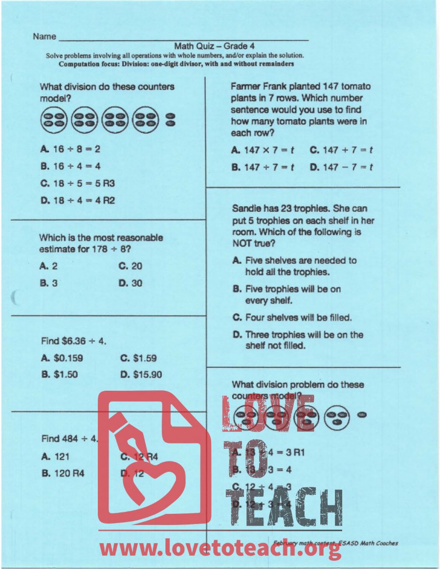 Division Quiz - With and Without Remainder - With Answers