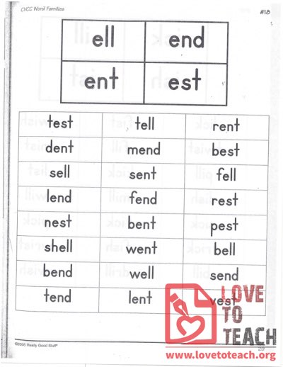 CVCC Word Families - ell, end, ent, est