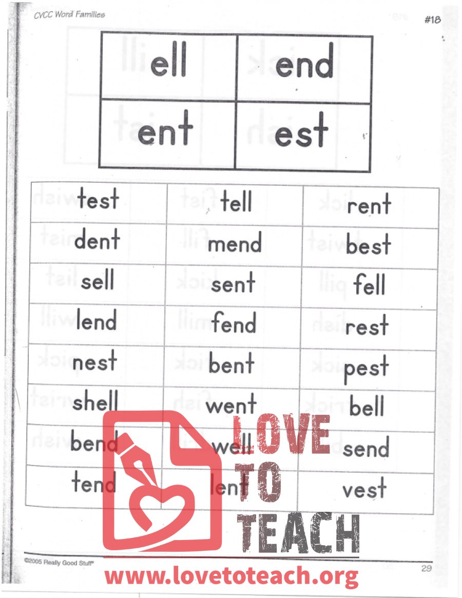 CVCC Word Families - ell, end, ent, est