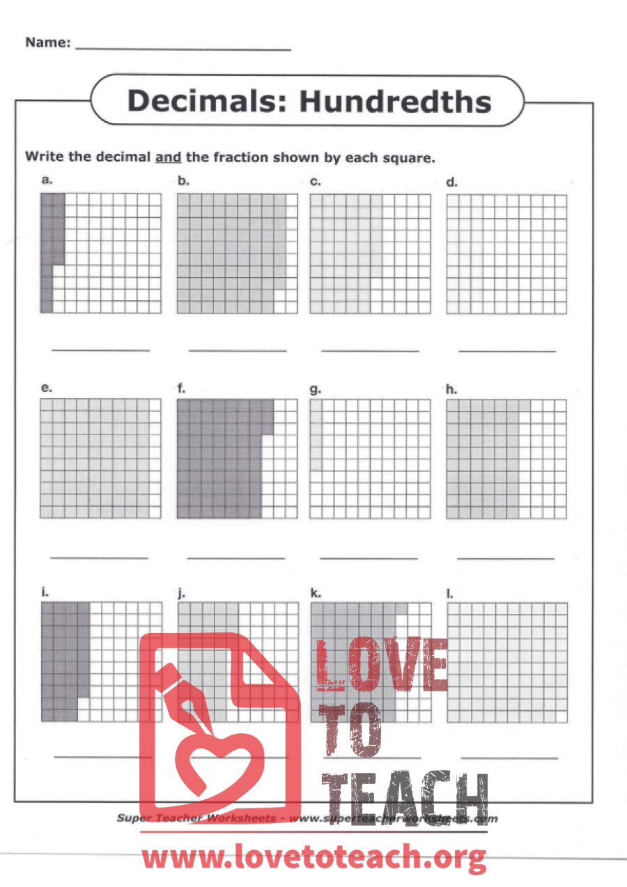 Decimals - Hundreths - in Squares (with Answer Key)