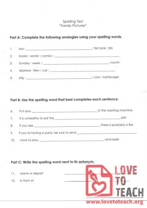 Family Pictures - Spelling Test (with Answer Key)