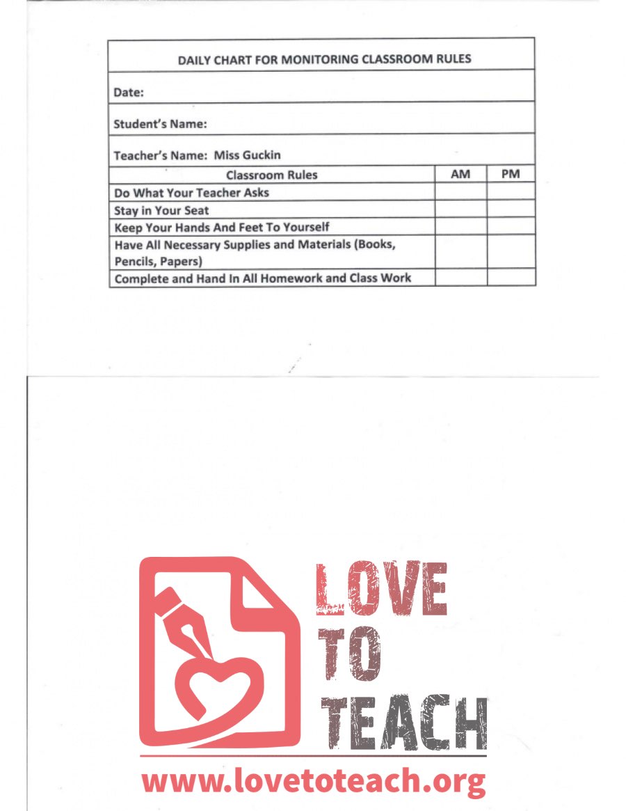 Daily Chart for Monitoring Classroom Rules