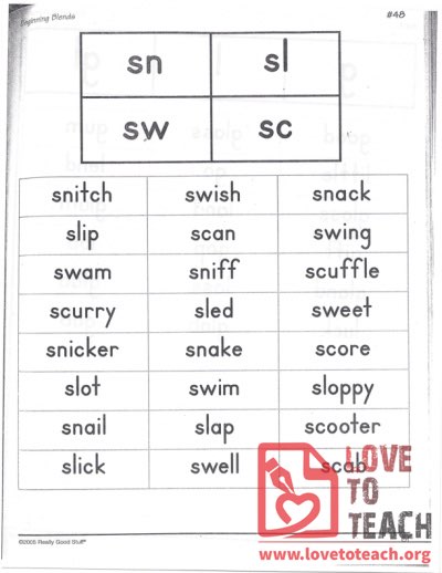 Beginning Blends - sn, sl, sw, sc