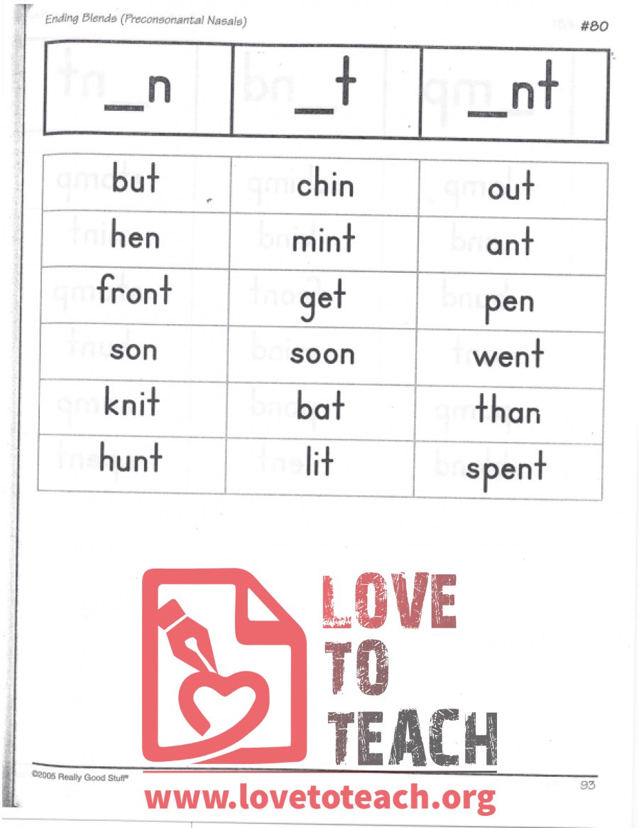 Ending Blends (Preconsonantal Nasals) - _n, _t, _nt