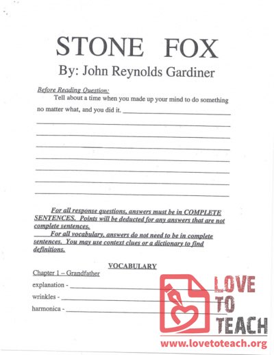 Stone Fox Vocabulary and Response Questions