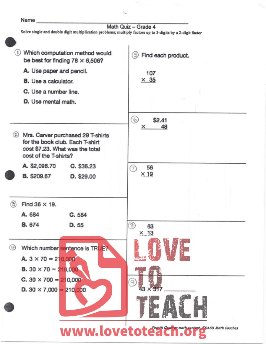 Multiplication Problems Quiz