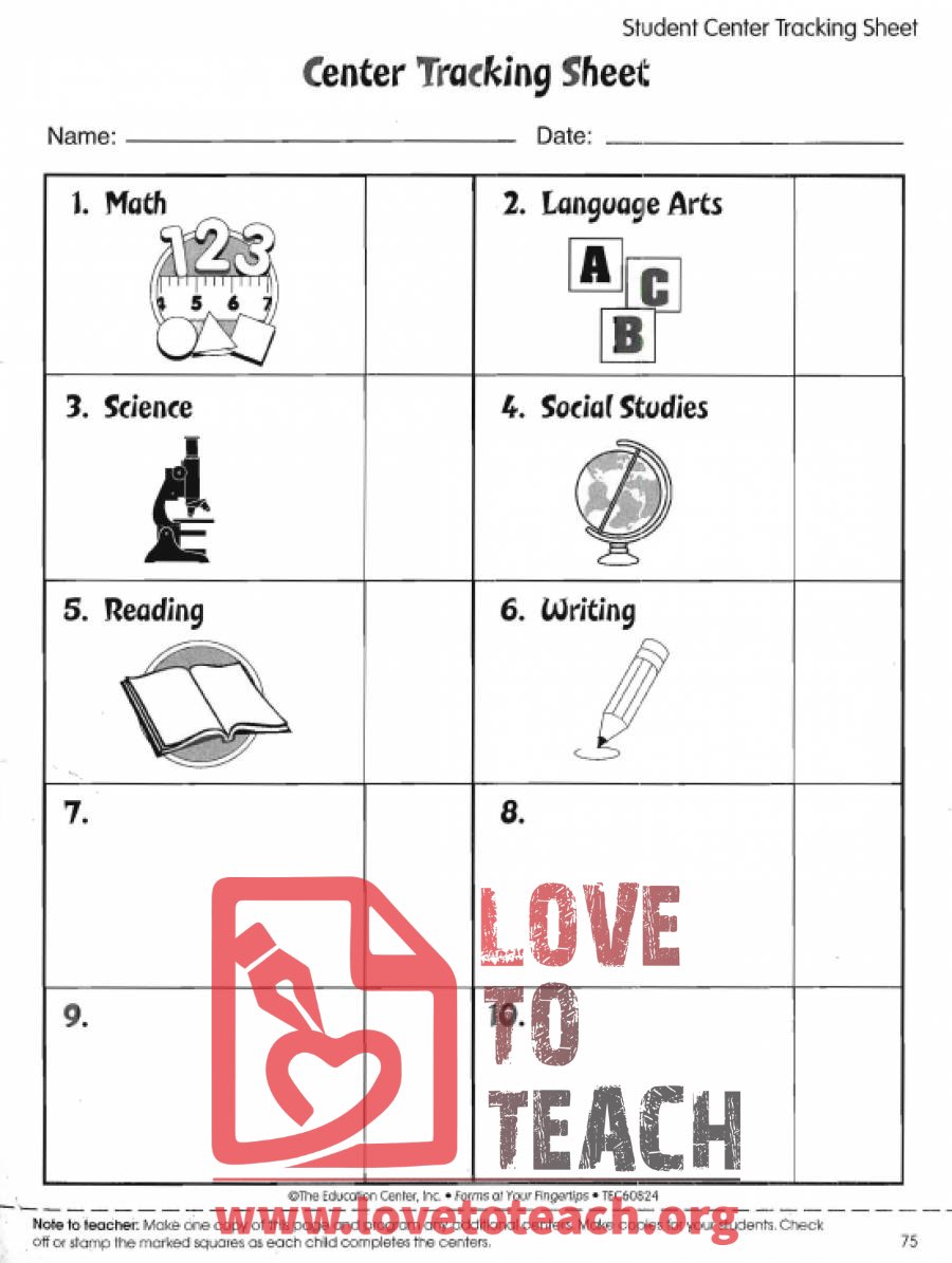 Learning Centers Tracking Sheets