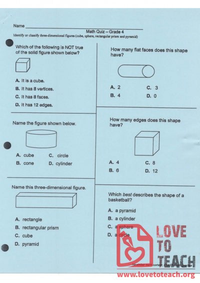 Solids and Shapes Quiz (with Answer Key)