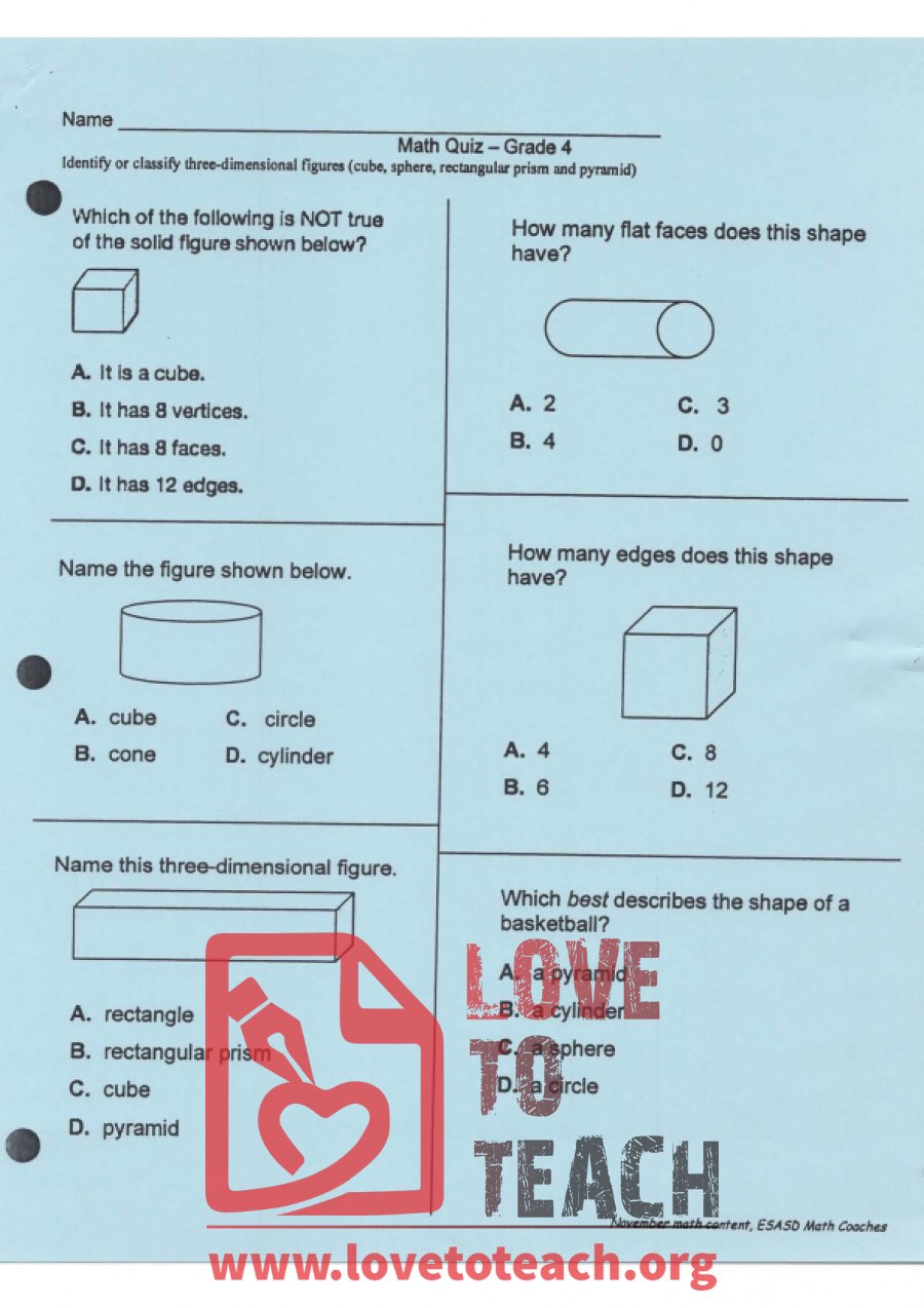 Solids and Shapes Quiz (with Answer Key)