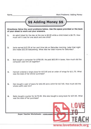 Adding Money - Word Problems (with Answer Key)