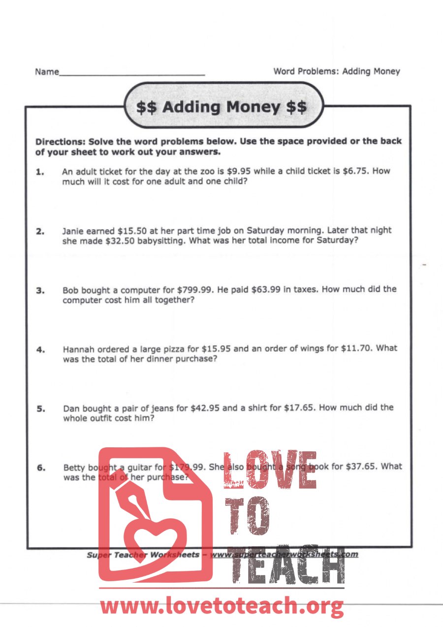 Adding Money - Word Problems (with Answer Key)