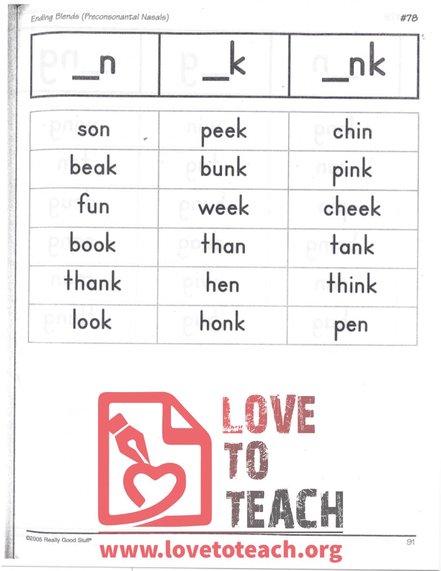 Ending Blends (Preconsonantal Nasals) - _n, _k, _nk