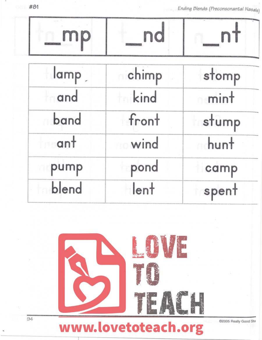 Ending Blends (Preconsonantal Nasals) - _mp, _nd, _nt