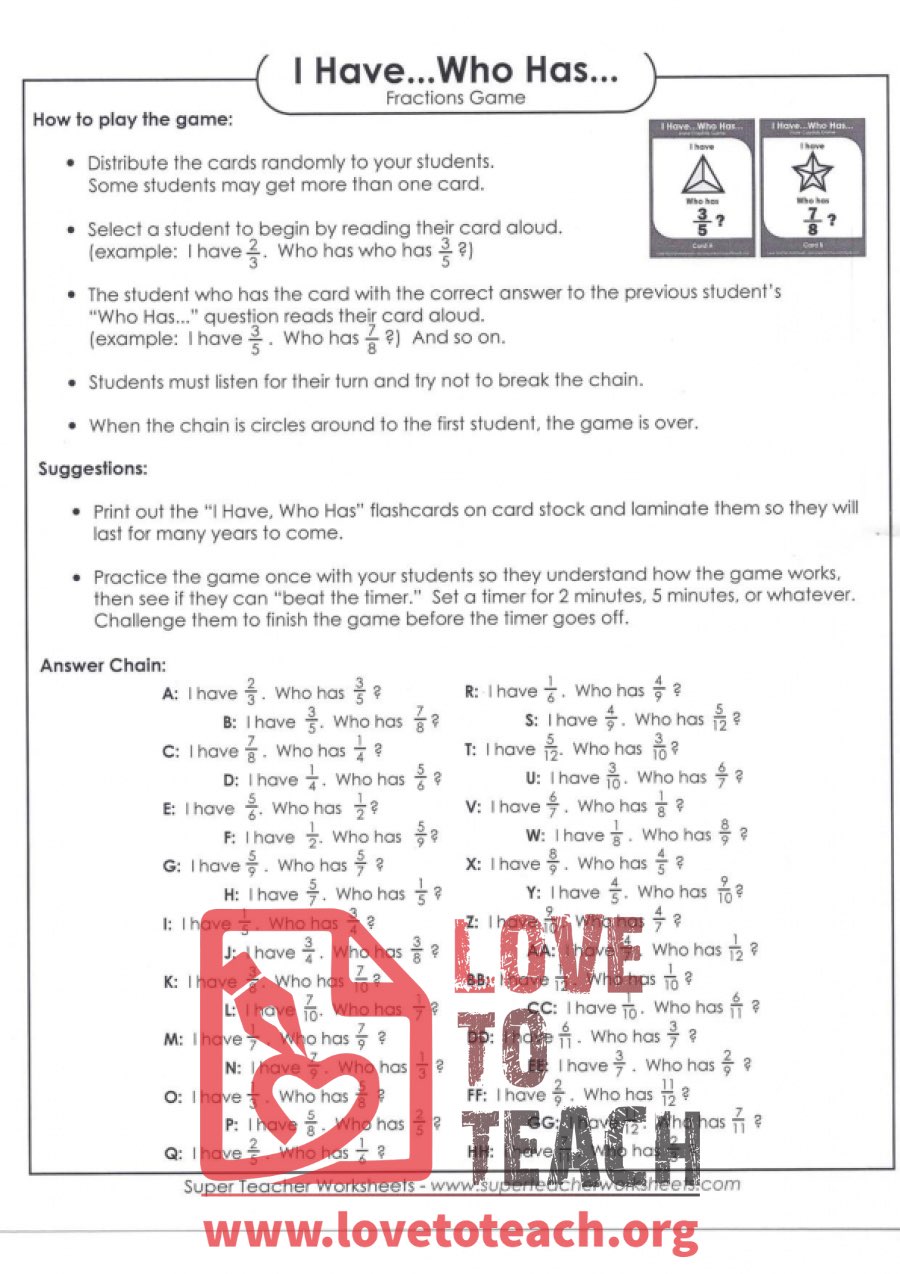 I Have...Who Has? Fractions Game