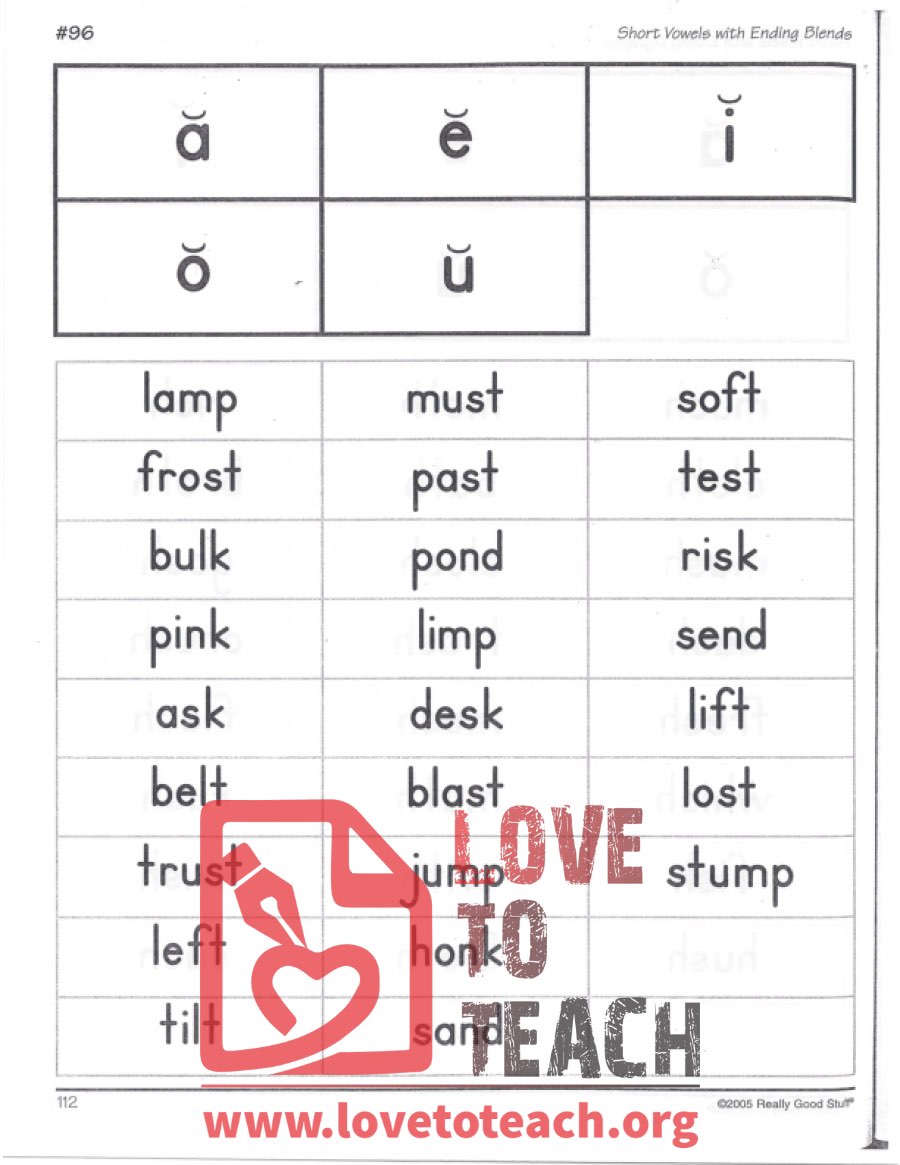 Short Vowels with Ending Blends - a, e, i, o, u