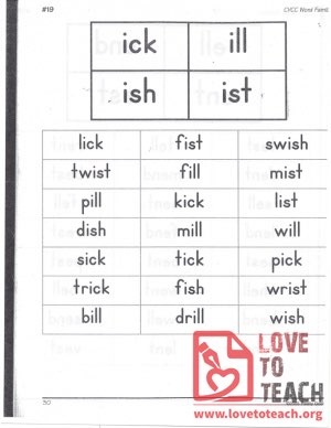 CVCC Word Families - ick, ill, ish, ist