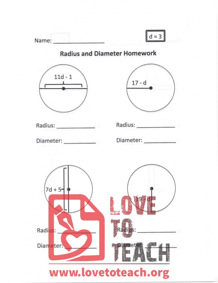 Radius and Diameter Homework (B) With Answers