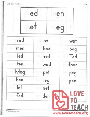 CVC Word Families - ed, en, et, eg