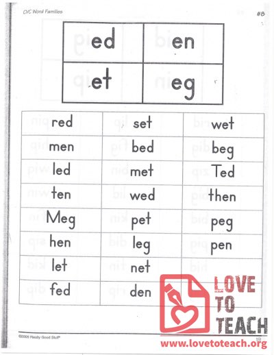 CVC Word Families - ed, en, et, eg