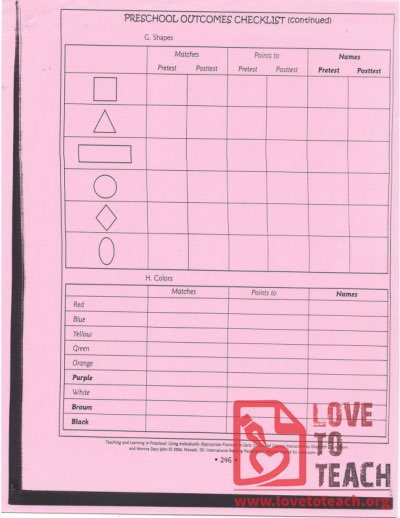 Preschool Outcomes Checklist - Shapes and Colors