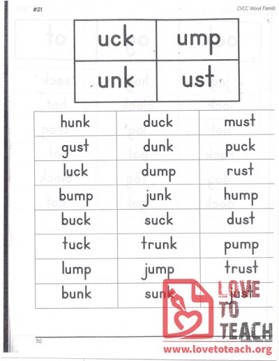 CVCC Word Families - uck, ump, unk, ust