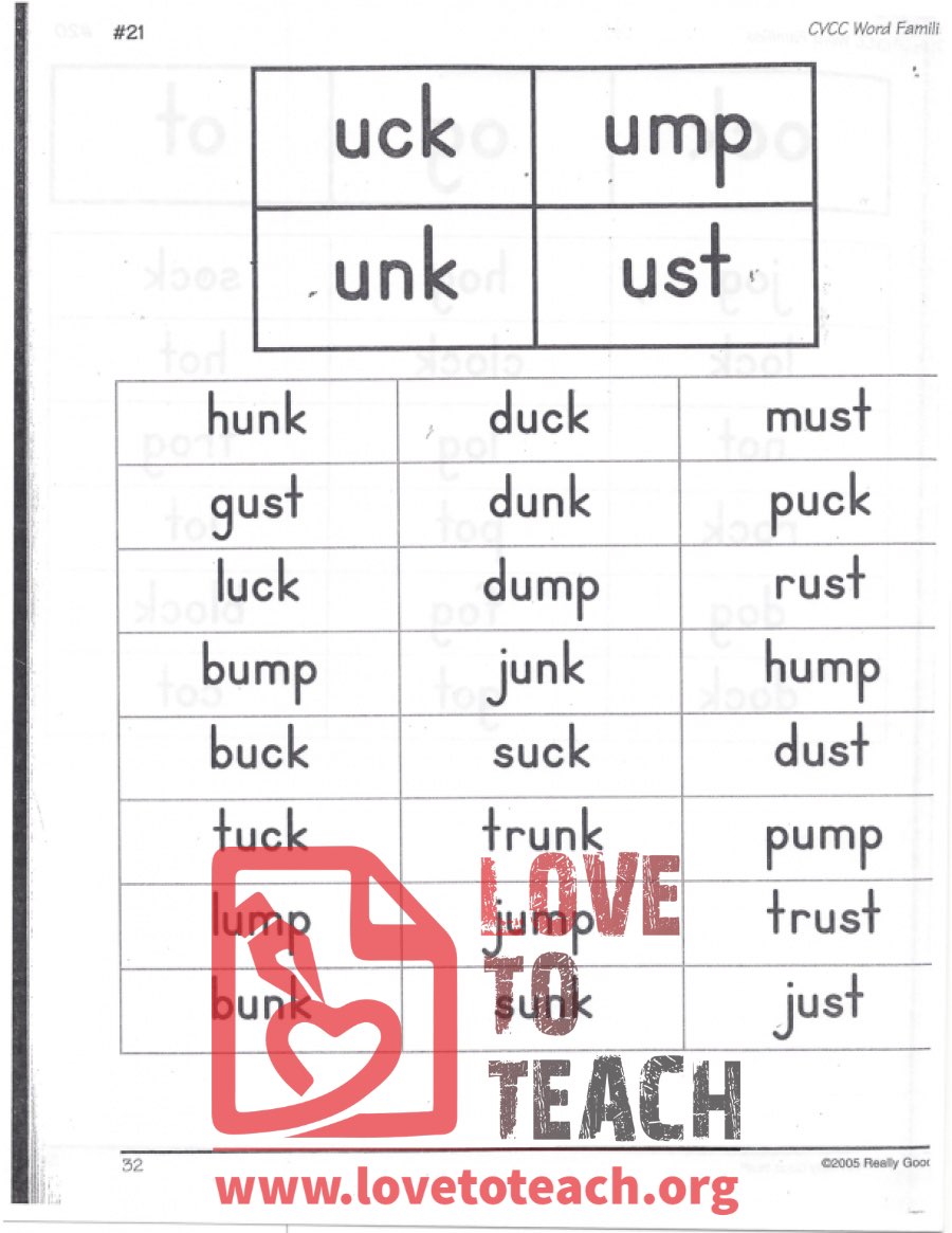 CVCC Word Families - uck, ump, unk, ust