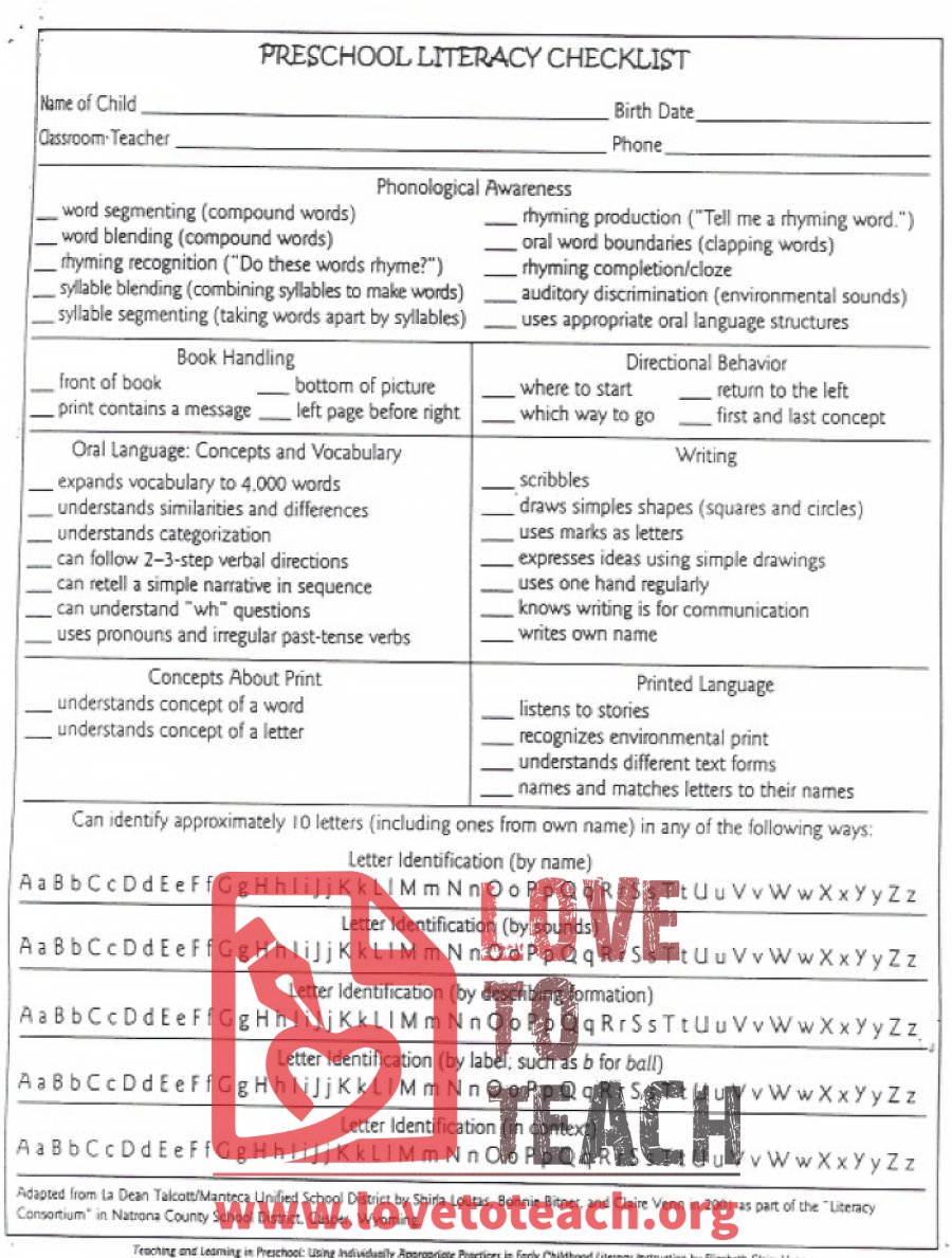 Preschool Outcomes Checklist - Literacy