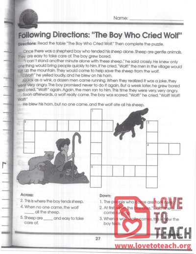 The Boy who Cried Wolf - Crossword Puzzle