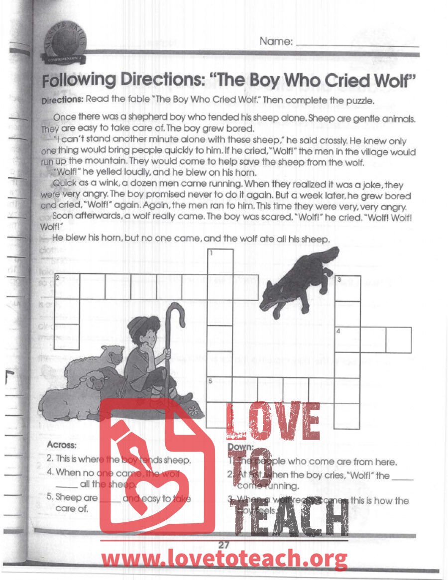 The Boy who Cried Wolf - Crossword Puzzle