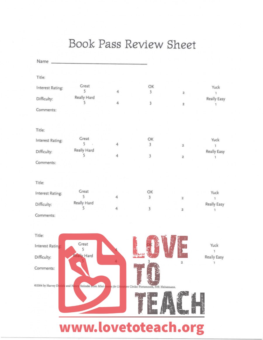 Literature Circles Book Pass Review Sheet