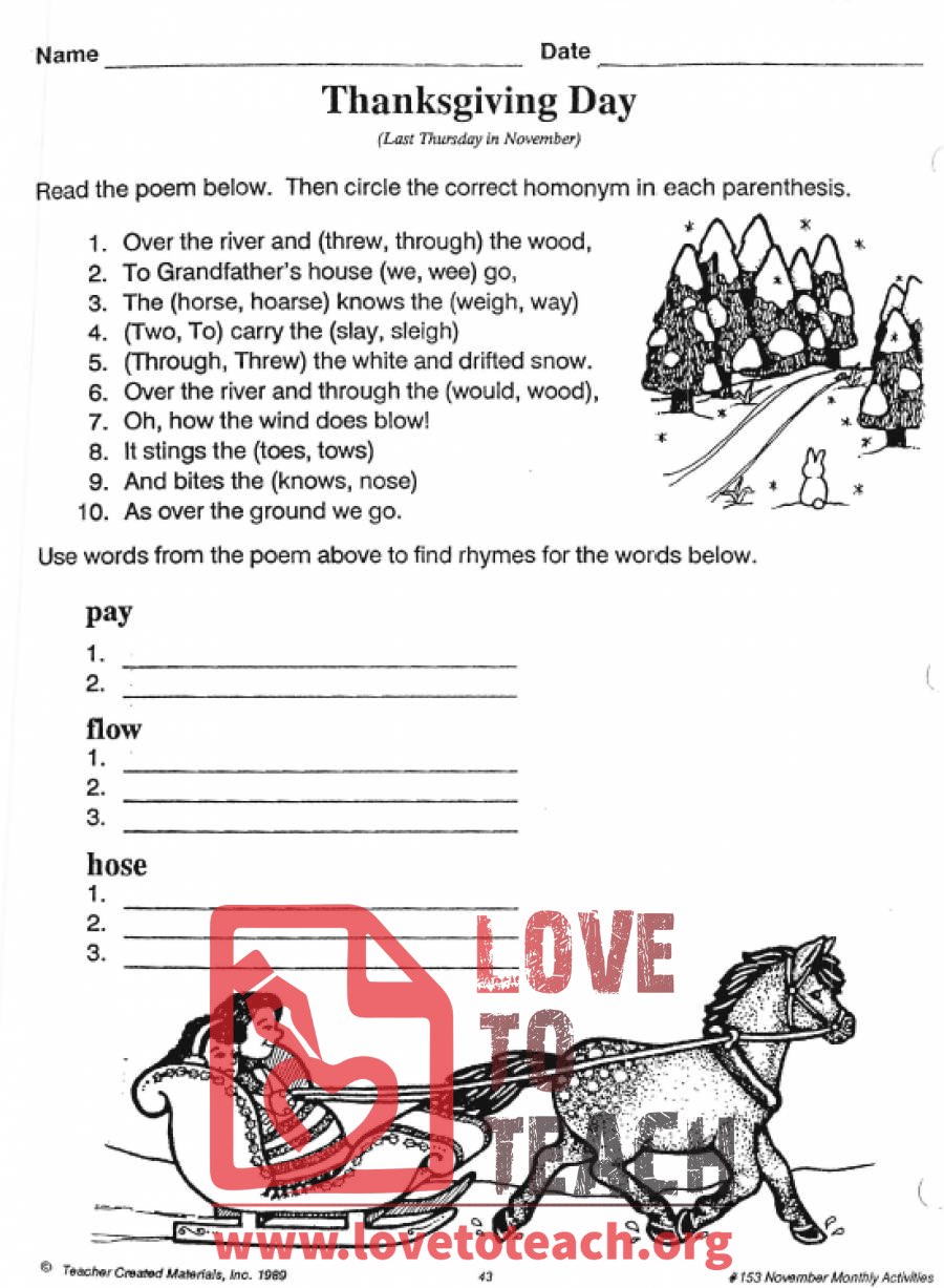 Thanksgiving Song Worksheet