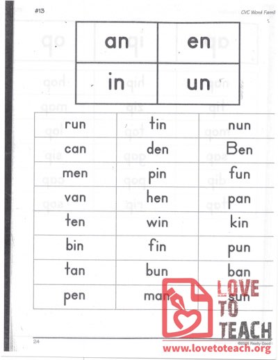 CVC Word Families - an, en, in, un