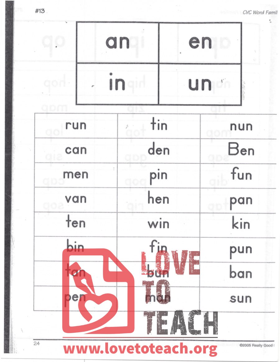 CVC Word Families - an, en, in, un