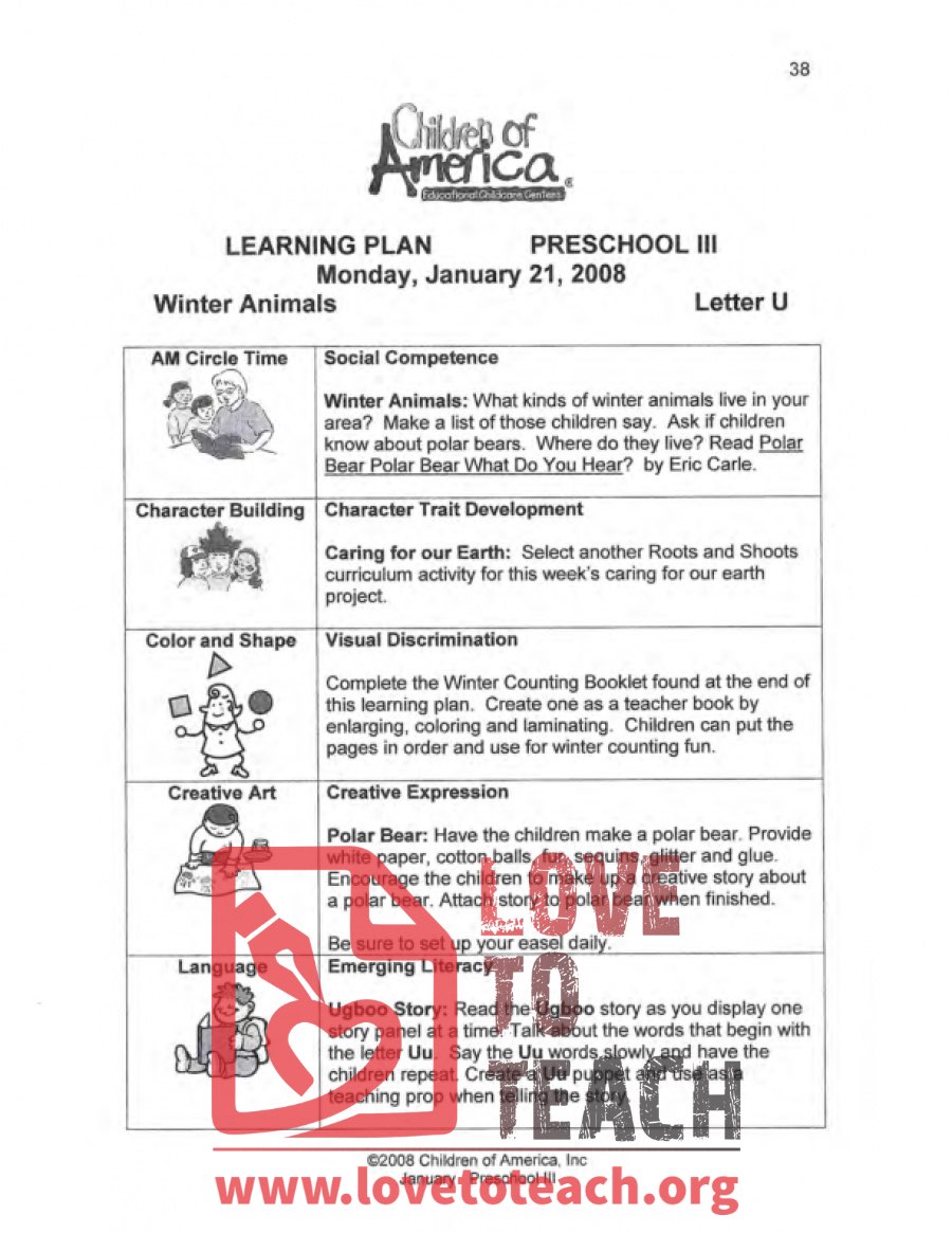 Sample Learning Plan Preschool January 2008 Winter Animals Letter U