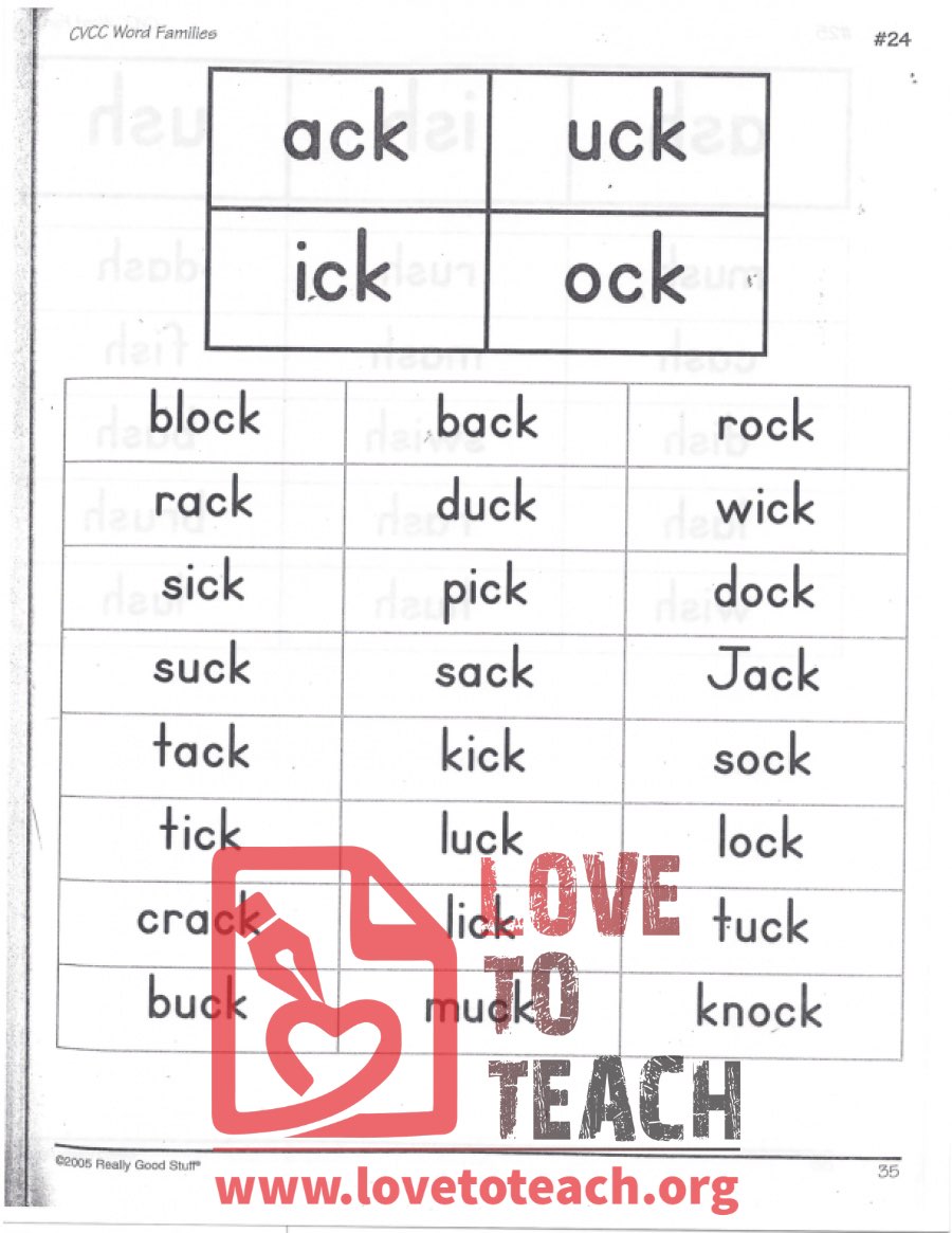 CVCC Word Families - ack, uck, ick, ock