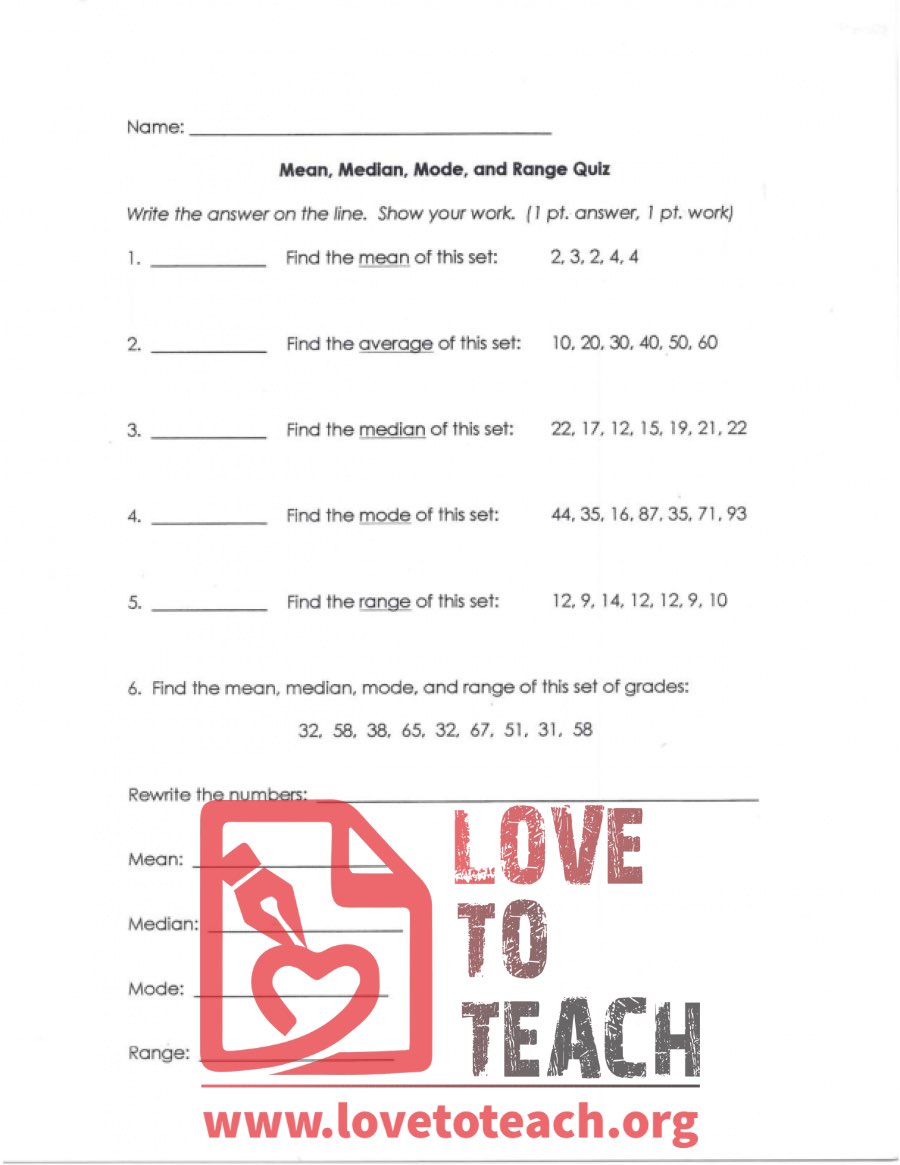 Mean, Median, Mode, and Range Quiz - With Answers