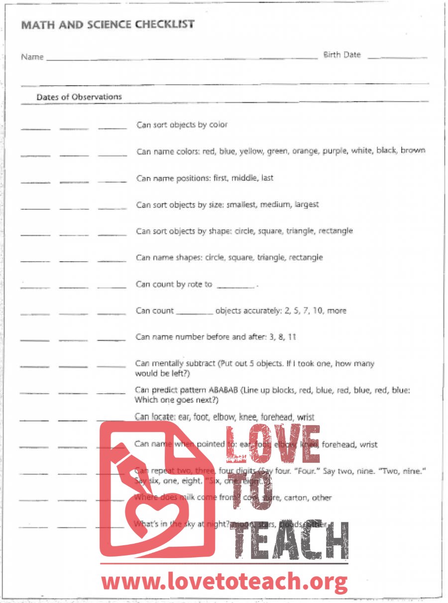 Math and Science Observation Checklist