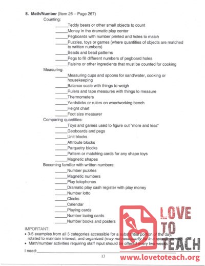 Math - Number Materials Checklist