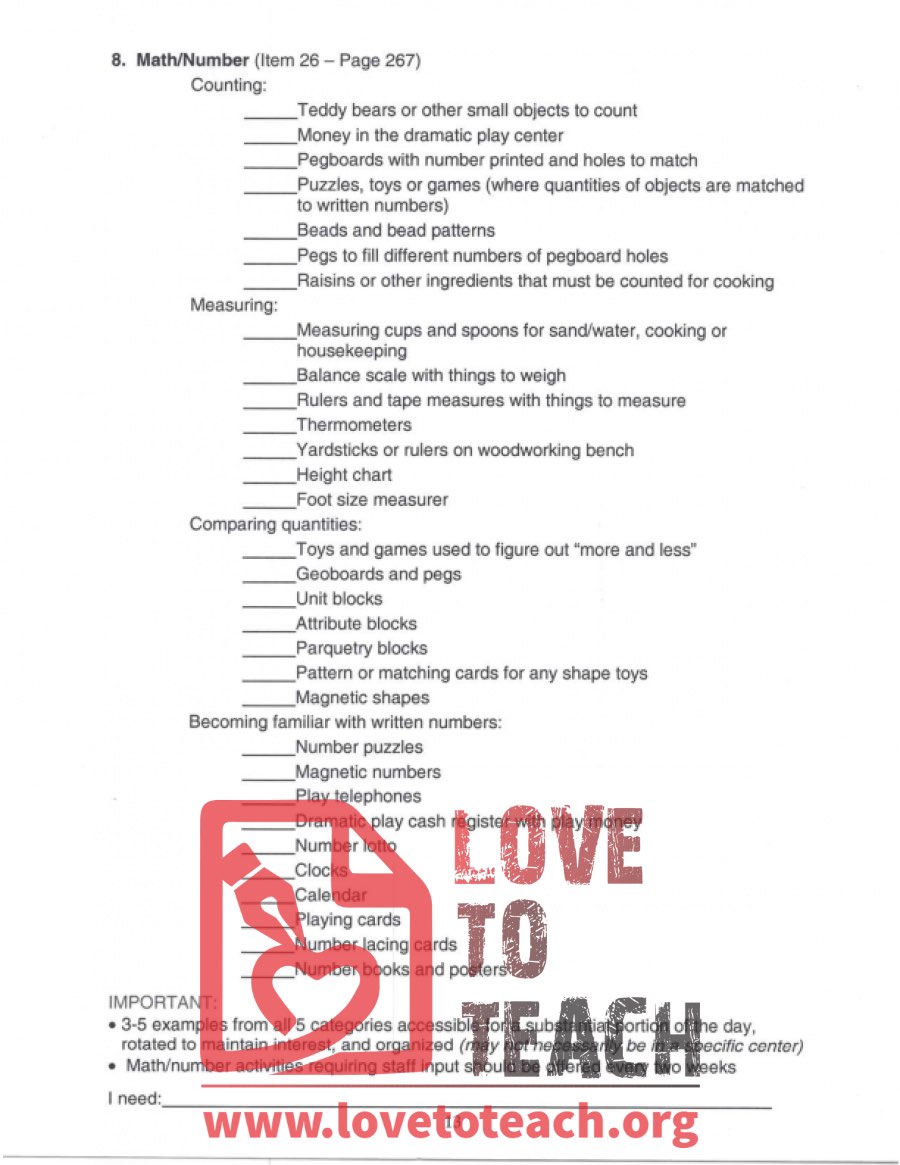 Math - Number Materials Checklist