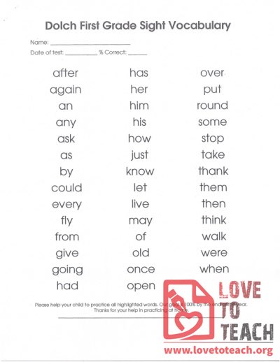 Dolch First Grade Sight Vocabulary