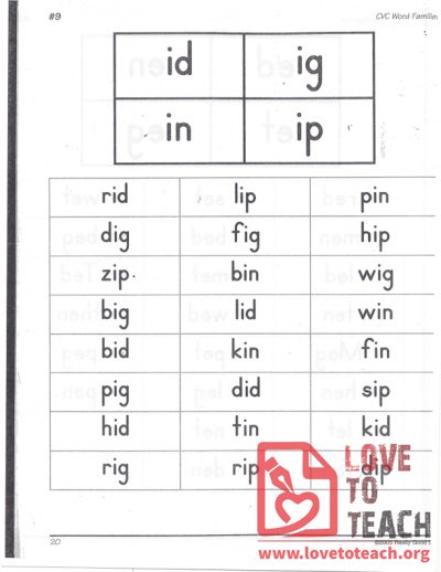 CVC Word Families - id, ig, in, ip