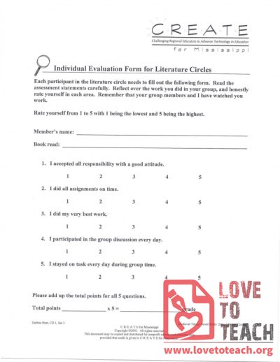 Individual Evaluation Forms for Literature Circle