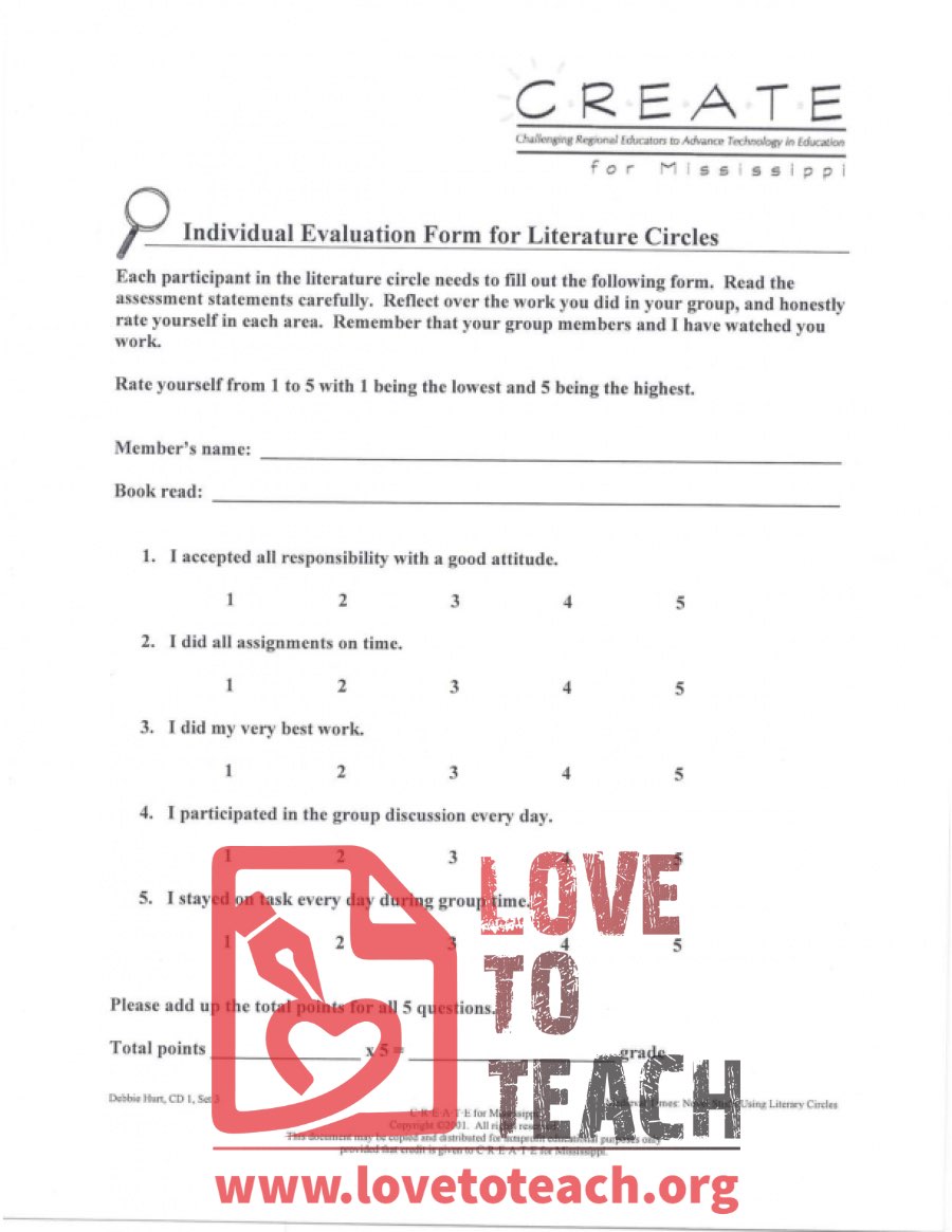 Individual Evaluation Forms for Literature Circle
