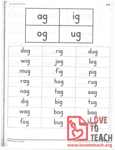 CVC Word Families - ag, ig, og, ug