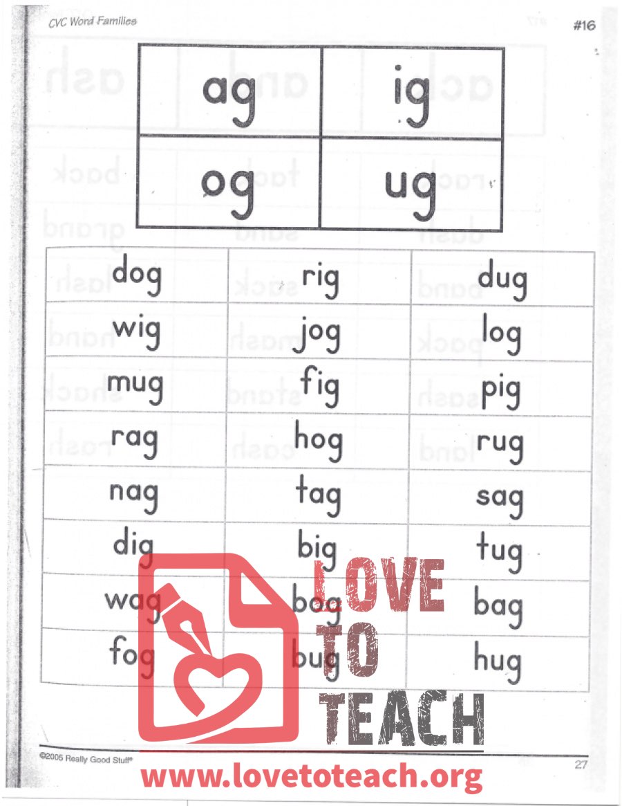 CVC Word Families - ag, ig, og, ug