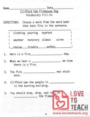 Clifford the Firehouse Dog Vocabulary Fill-In - Worksheet with Answers