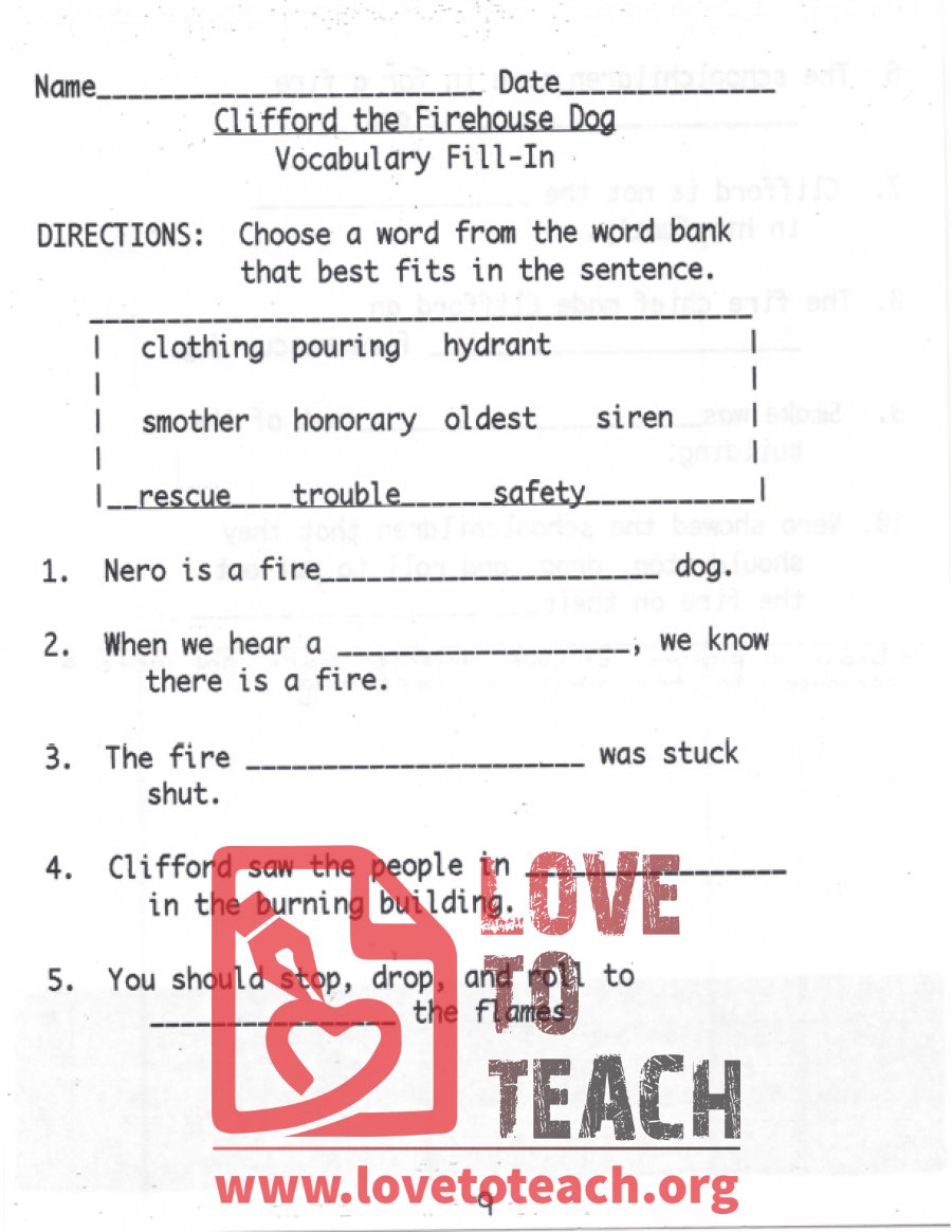 Clifford the Firehouse Dog Vocabulary Fill-In - Worksheet with Answers
