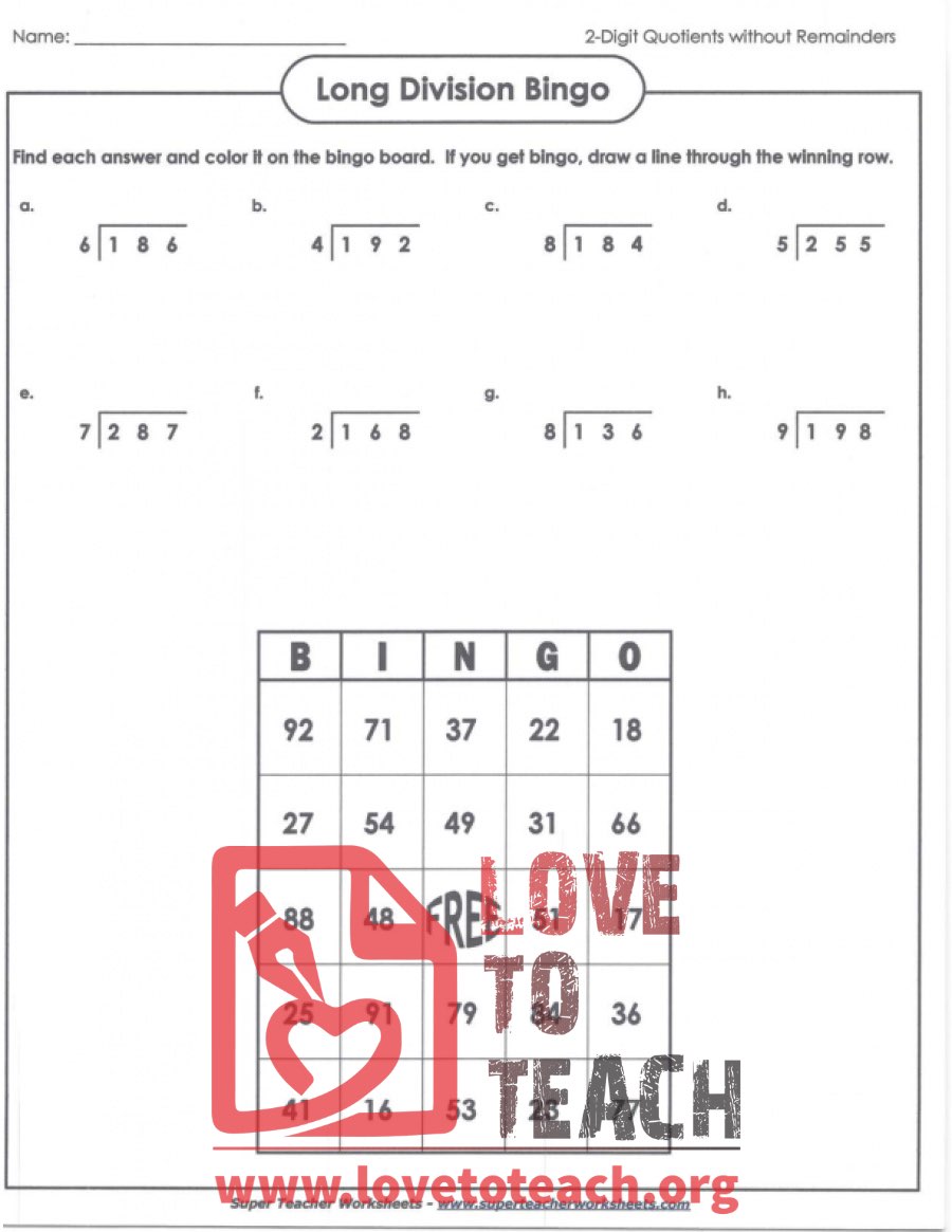 Long Division Bingo - With Answers