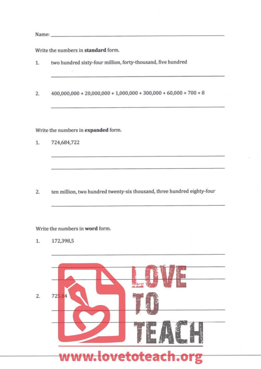 Number Forms Quiz (with Answer Key)