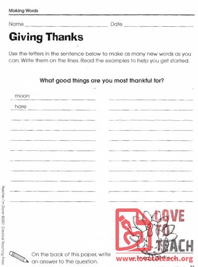 Giving Thanks Word Activity